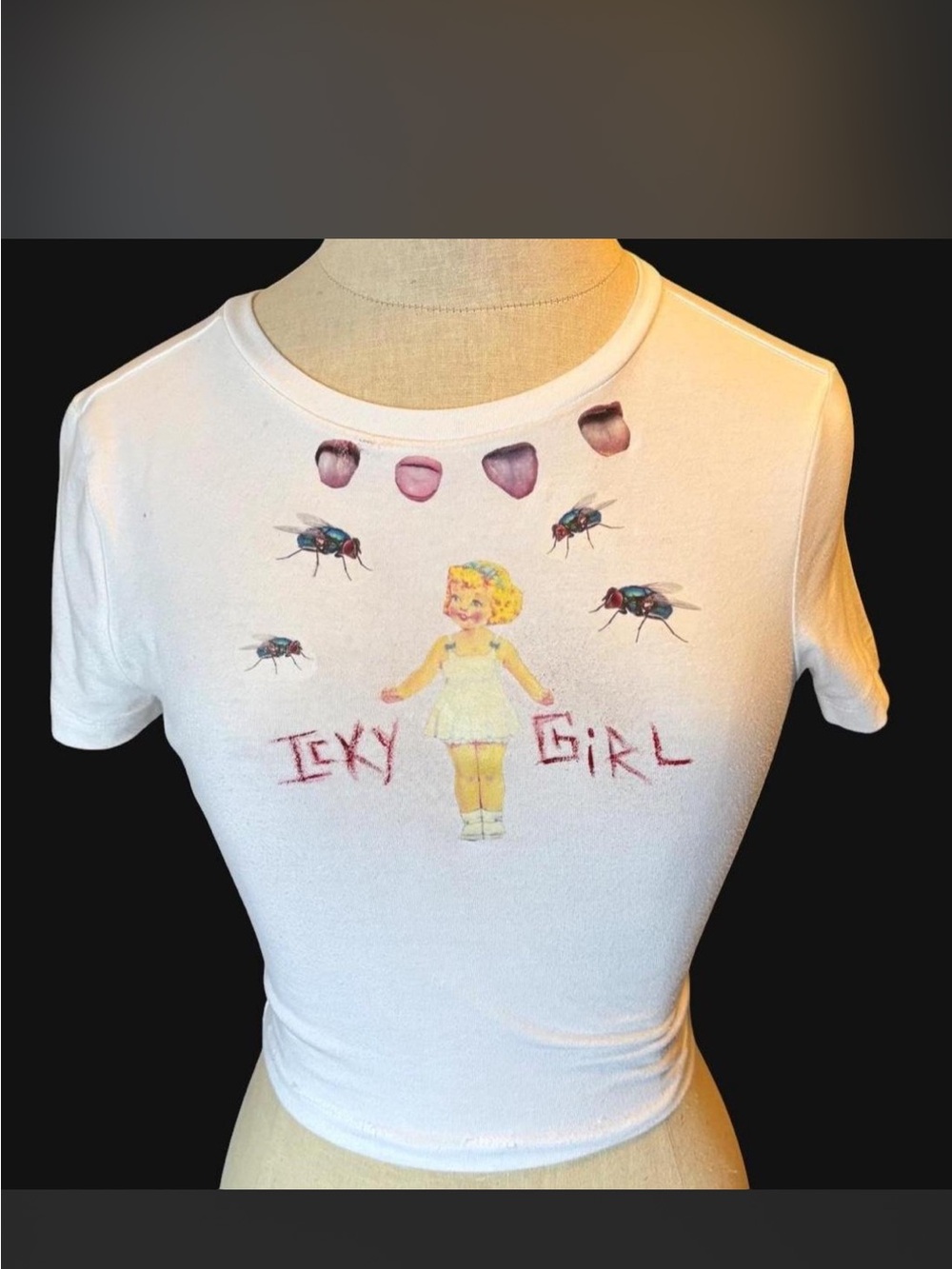 DIY handmade ‘icky girl’ white short sleeve graphic crop top